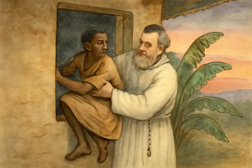 Watercolor-style illustration of a bearded missionary in a white robe gently lifting a small boy out through the window of a mission house