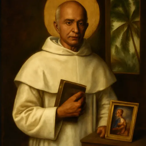 Oil-painting-style portrait of St. Kuriakose Elias Chavara as a bald, clean-shaven Indian priest in the white habit of the Carmelites of Mary Immaculate, holding a book