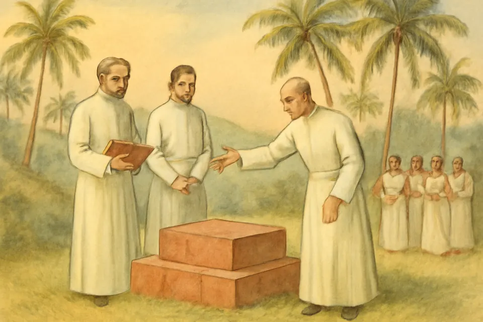 Watercolor-style scene of three Kerala priests in white cassocks blessing a foundation stone on a green hilltop surrounded by palms and villagers