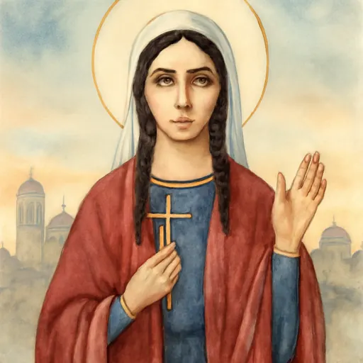 Watercolor-style portrait of St. Kyriaki, a young woman in a red cloak over a dark blue dress, holding a small cross and raising her open right hand