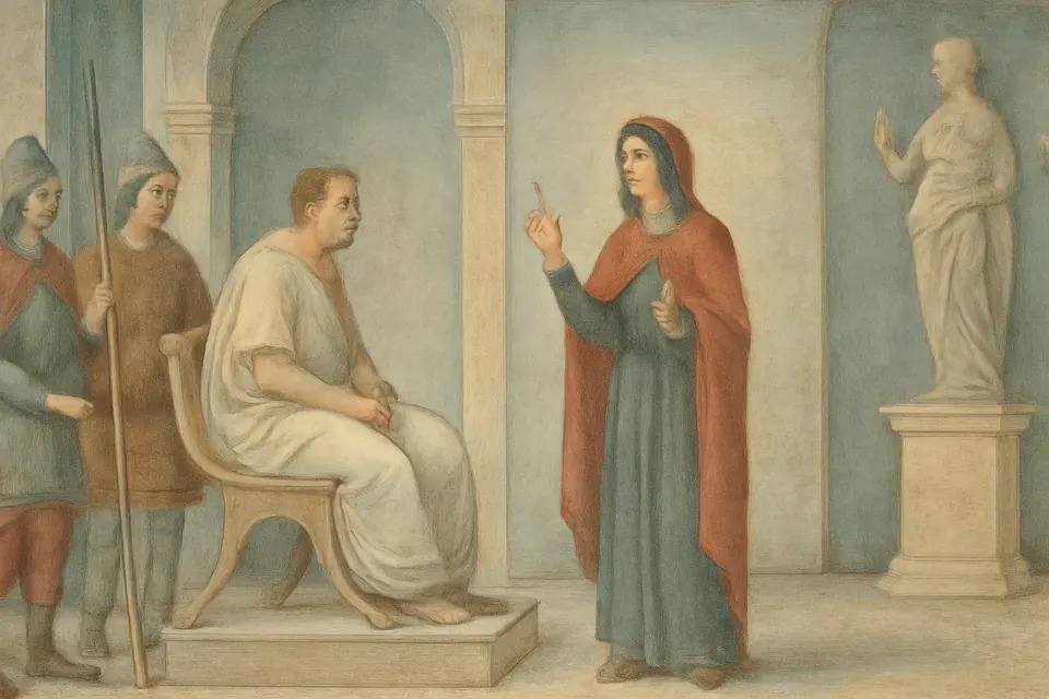 Fresco-style scene of the young Kyriaki standing calmly before a Roman official on his judgment seat at Nicomedia