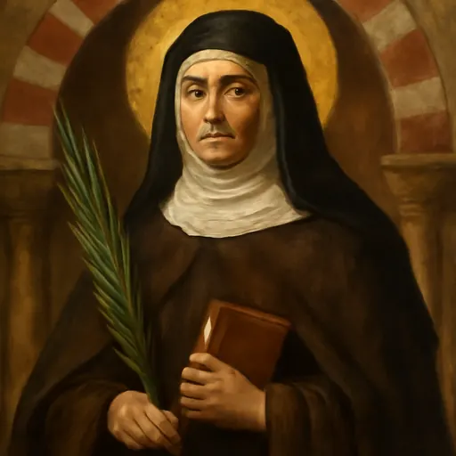 Oil-painting-style portrait of St. Laura of Córdoba as a middle-aged abbess in a dark habit and white wimple, holding a martyr's palm