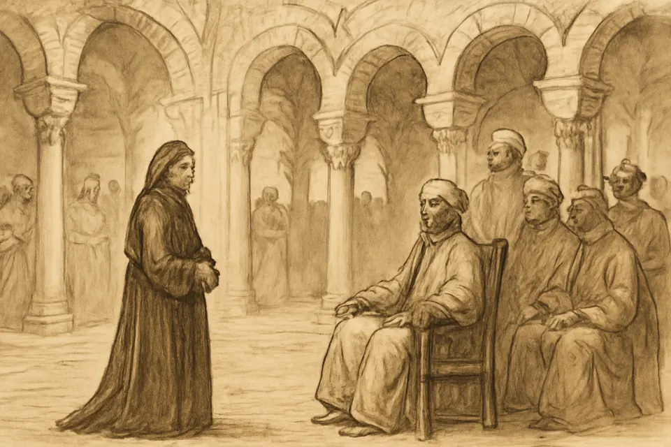 Ink-drawing-style illustration of a veiled abbess standing calmly before a judge and his officials in a courtyard of horseshoe arches