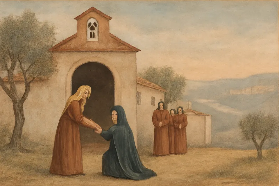 Fresco-style illustration of a widow in a dark cloak being received at the gate of a monastery near Córdoba by veiled nuns
