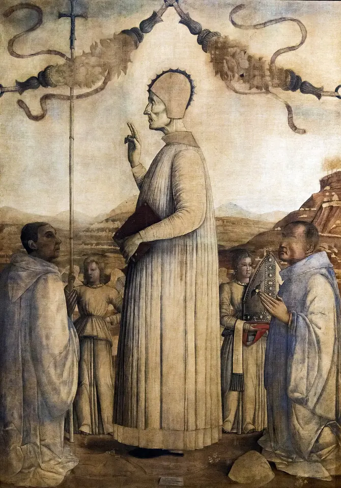 Tall painted banner of Lorenzo Giustiniani in a plain white robe, seen in profile with a halo, raising his hand in blessing between kneeling canons in white and two angels