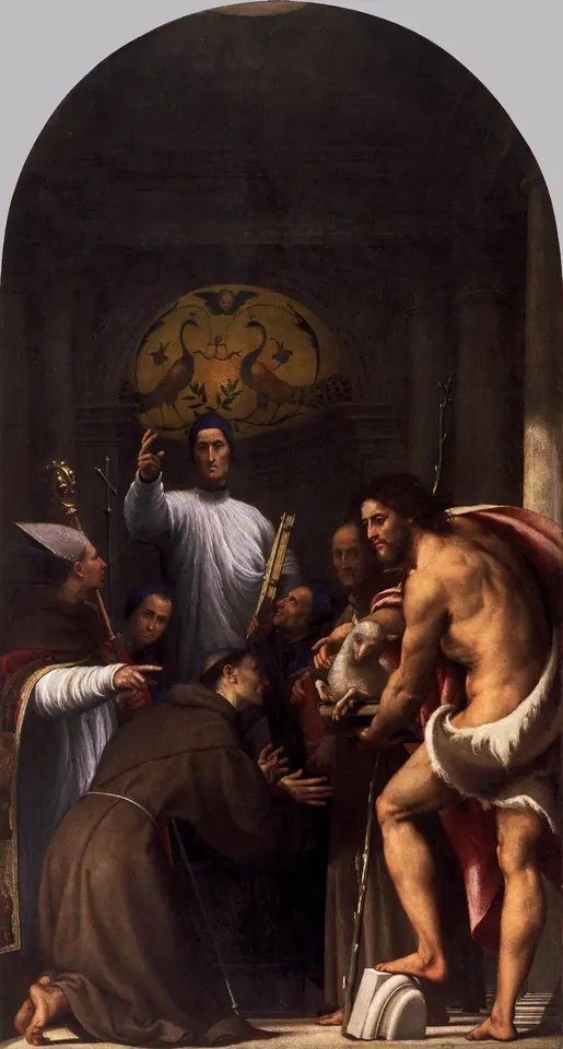 Altarpiece of St. Lorenzo Giustiniani standing on a step in a white rochet and blue cap, raising his hand, surrounded by a bishop, a kneeling Franciscan, St. John the Baptist and other saints