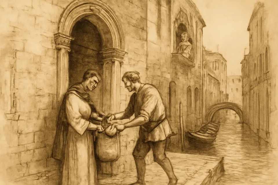 Ink-drawing-style scene of a young canon in a white habit with a sack on his back begging bread at the door of a Venetian palace