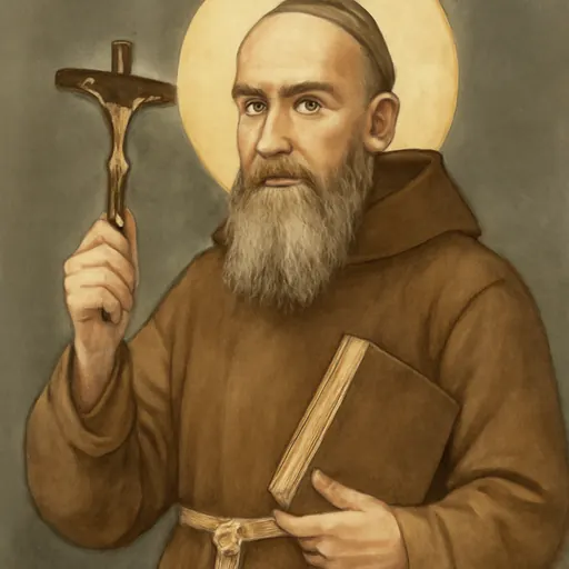Oil-painting-style portrait of St. Lawrence of Brindisi as a bearded Capuchin friar in a brown habit, holding up a crucifix