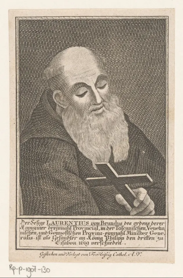 Engraved portrait of a bald, long-bearded Capuchin friar looking down at a crucifix held in his hands, with a German inscription beneath