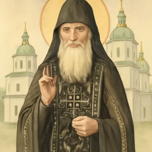 Watercolor-style portrait of St. Lawrence of Chernigov, an elderly Orthodox monk with a long white beard in the black great schema embroidered with crosses, holding a prayer rope