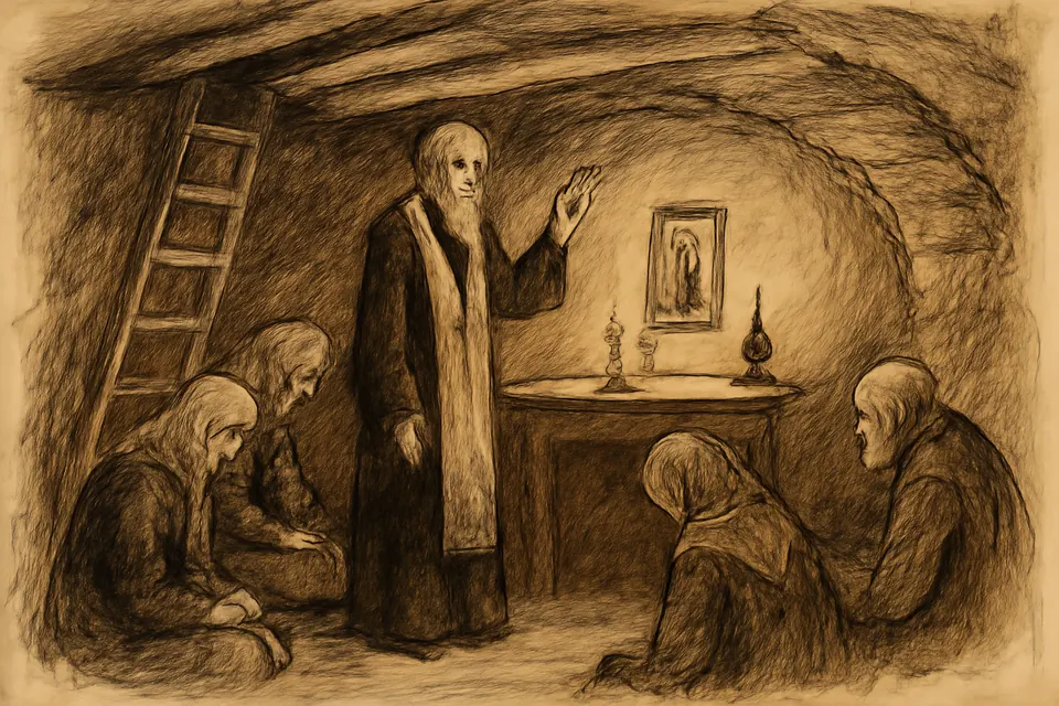 Ink-style scene of a few faithful kneeling in a low cellar lit by one candle as an old monk-priest blesses them before a small icon