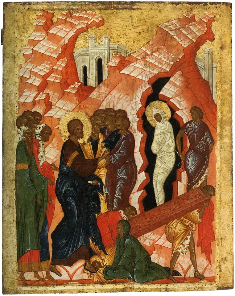Icono ruso con Cristo que bendice a la izquierda y Lázaro de pie, envuelto en vendas blancas, en la boca negra de una cueva a la derecha, con sus dos hermanas postradas a los pies de Cristo