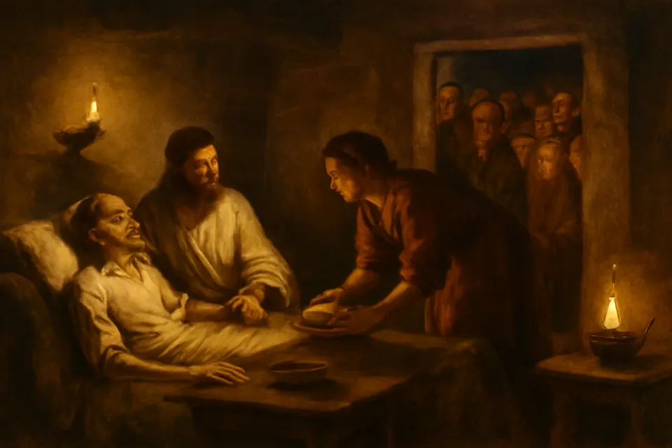 Ilustración en estilo óleo de Lázaro reclinado a la mesa con Jesús en Betania, mientras los vecinos curiosos se agolpan en la puerta