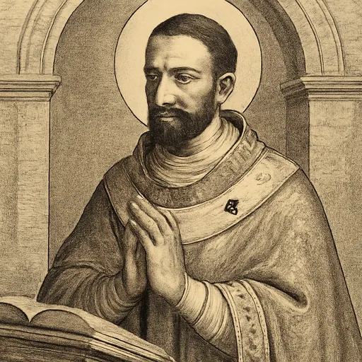 Engraving-style portrait of Pope St. Leo II, a bearded Sicilian pope in a cope and pallium, his hands joined in prayer, with an open book before him