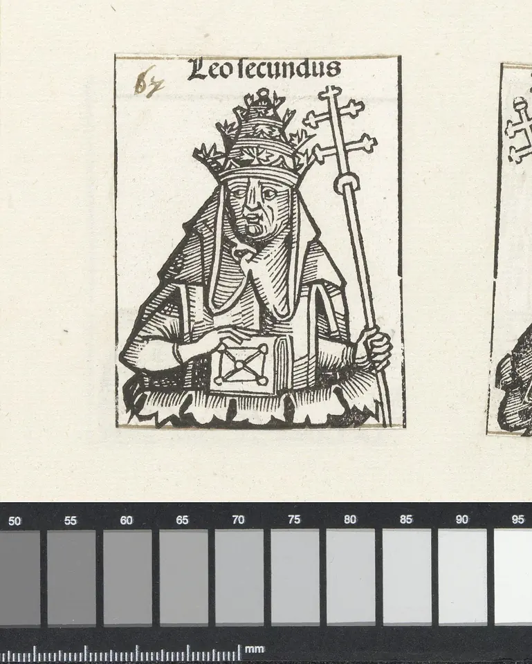Woodcut of a pope in a triple tiara holding a book and a staff with a double cross, rising from a flower cup, labeled Leo secundus