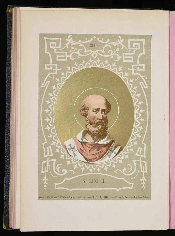Color print of a bald, bearded pope with a halo and a red cloak in an oval frame on a decorated page, labeled S. Leo II