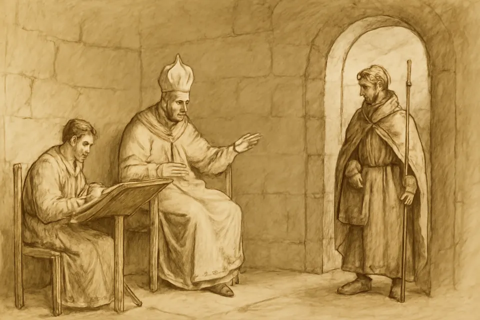 Ink-style scene of a pope dictating a letter to a scribe at a desk while a messenger waits with a satchel