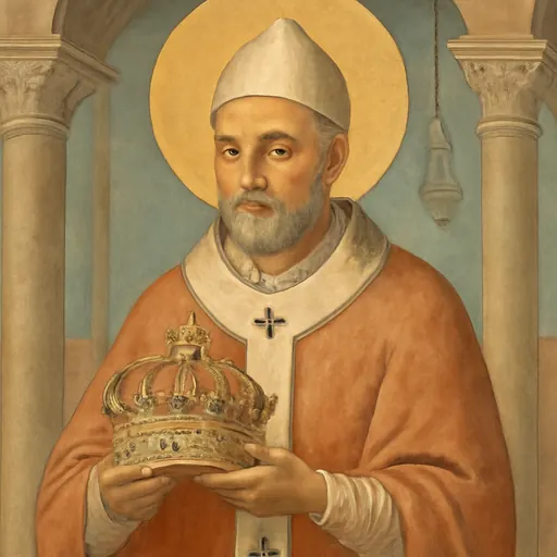 Fresco-style portrait of Pope St. Leo III in a red chasuble and white pallium, holding a gold crown, with the old basilica of St. Peter behind him