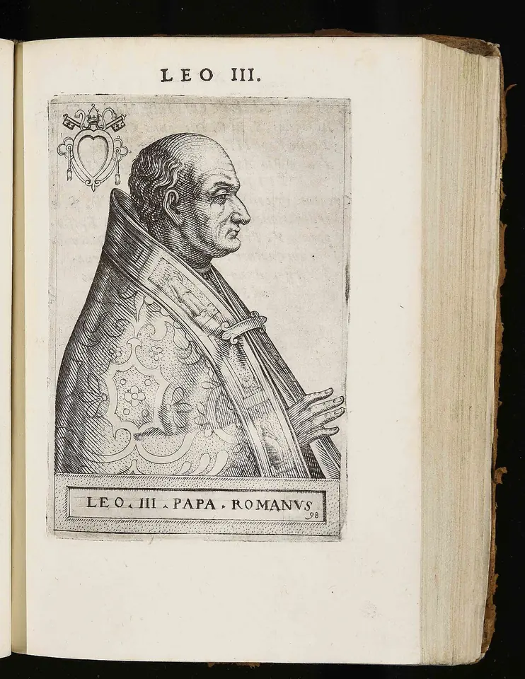 Old book open to an engraved portrait of Pope Leo III in profile wearing a papal cope, with his name above and below