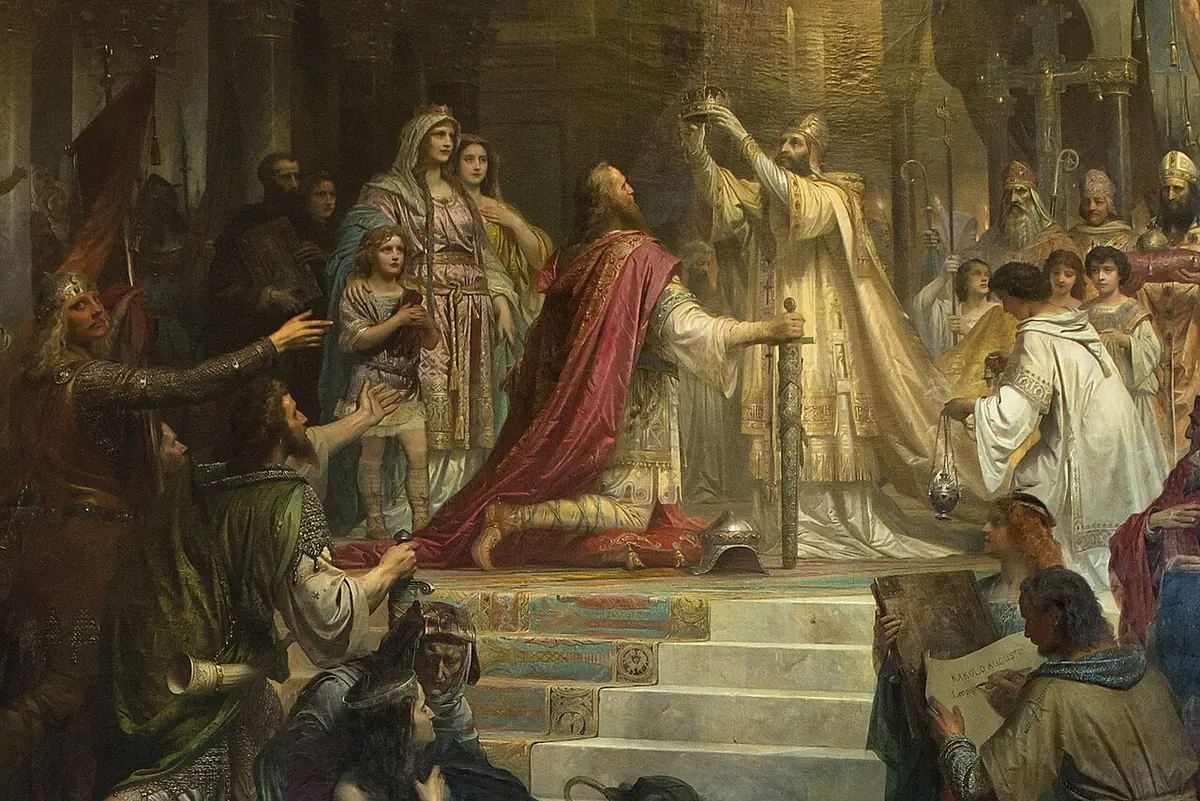 Oil painting of a pope raising a crown over a kneeling king in a red cloak before an altar, surrounded by clergy, nobles and a crowd reaching out