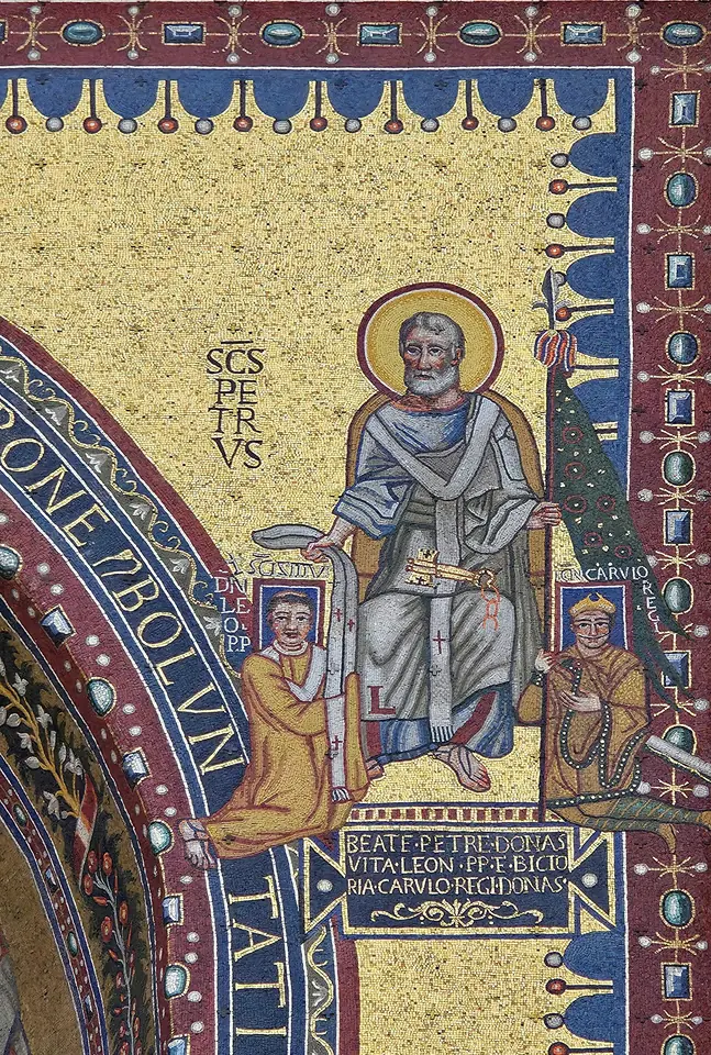 Gold-ground mosaic of St. Peter enthroned with keys, handing a pallium to a kneeling pope on his right and a banner to a kneeling king on his left
