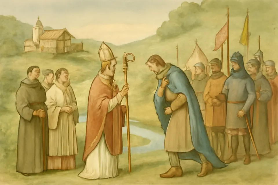 Watercolor-style scene of a pope arriving at a Frankish royal camp in a green valley and being greeted by a tall king and his court