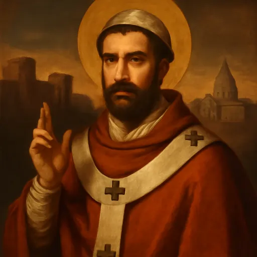Oil-painting-style portrait of Pope St. Leo IV, a Roman pope with a short dark beard in a red cope and white pallium, raising his hand in blessing before the walls and towers of Rome