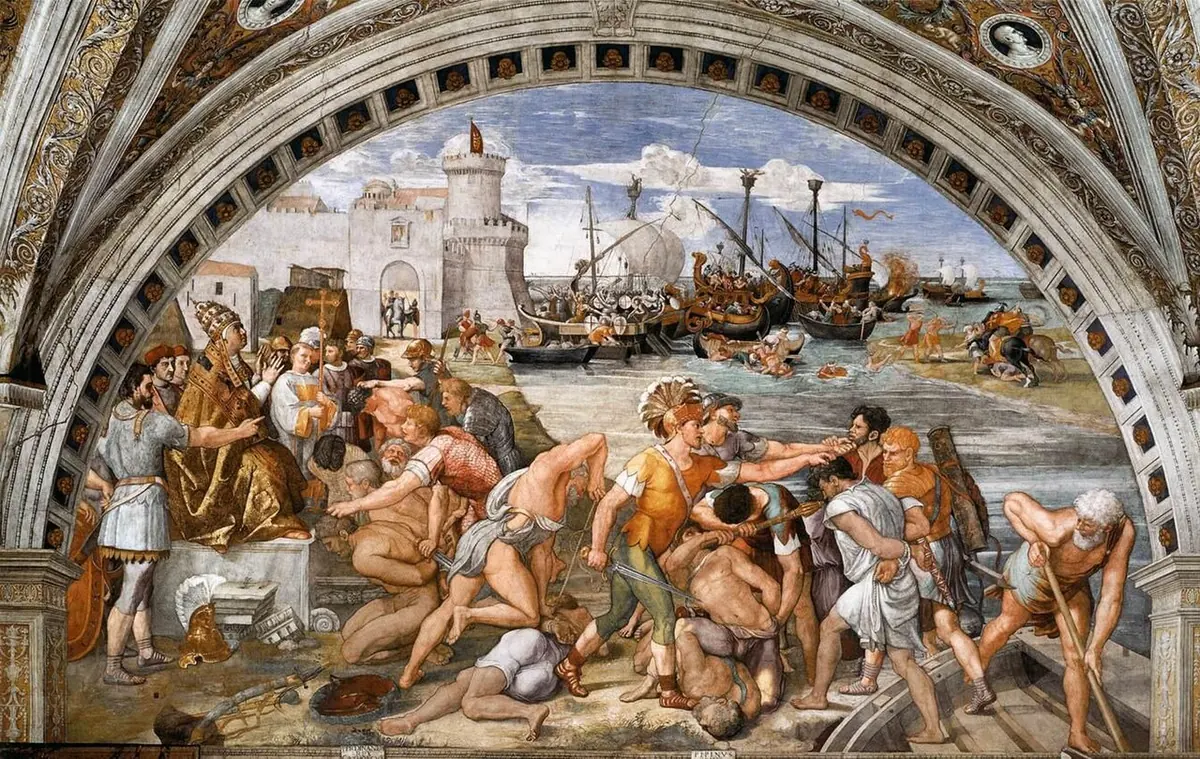 Wall fresco of a pope seated on the shore giving thanks while soldiers drag captured men before him, with a harbor tower and ships at sea behind
