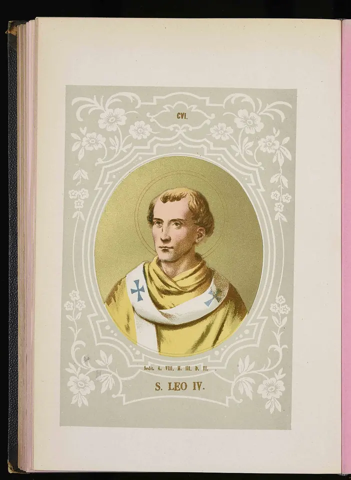 Color print of a young, beardless pope with a halo and a yellow cope in an oval frame on a decorated page, labeled S. Leo IV