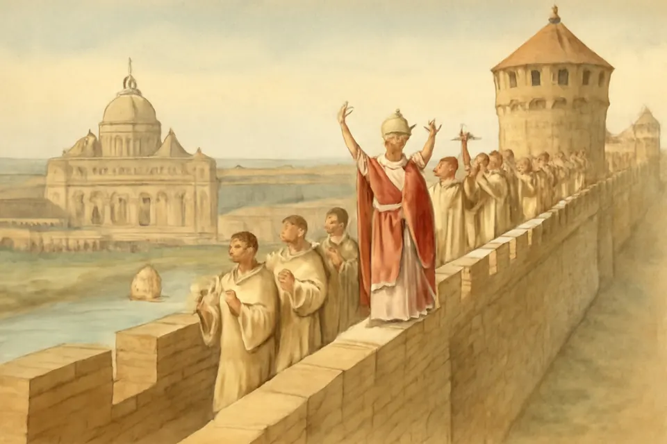 Watercolor-style scene of a pope and clergy walking barefoot in procession along newly built city walls, blessing them
