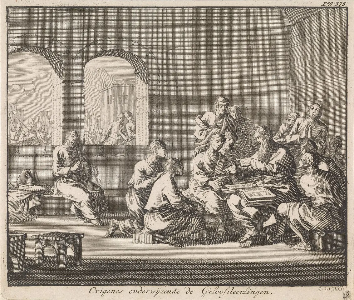 Engraving of Origen seated at a long table under arches, teaching a group of students who read and write around him