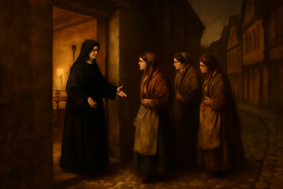 Oil-painting-style scene of Sister Frances de Sales welcoming young textile workers into the Oeuvre St. Francis de Sales in Troyes in the evening