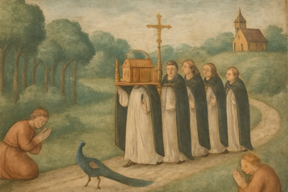 Fresco-style scene of clergy carrying a small reliquary chest on poles along a forest road, with a peacock walking ahead and villagers kneeling at the roadside