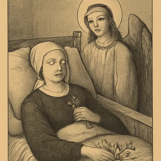 Engraving-style portrait of St. Lidwina as a young Dutch woman lying propped on pillows, holding a crucifix, with a branch of roses beside her