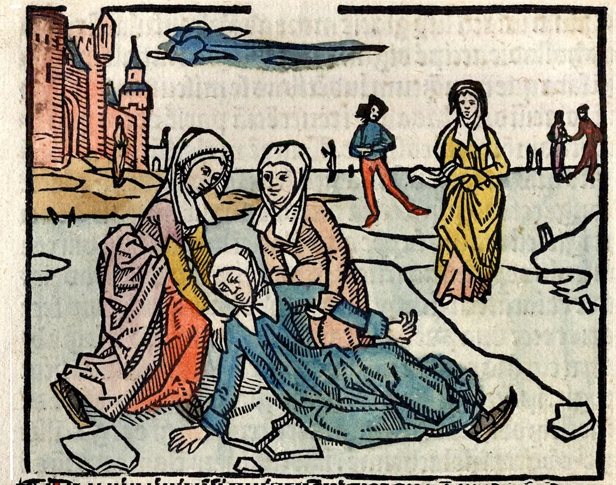 Hand-colored woodcut of a young woman fallen on the ice, held up by two women, while other skaters glide past and a walled town stands in the background