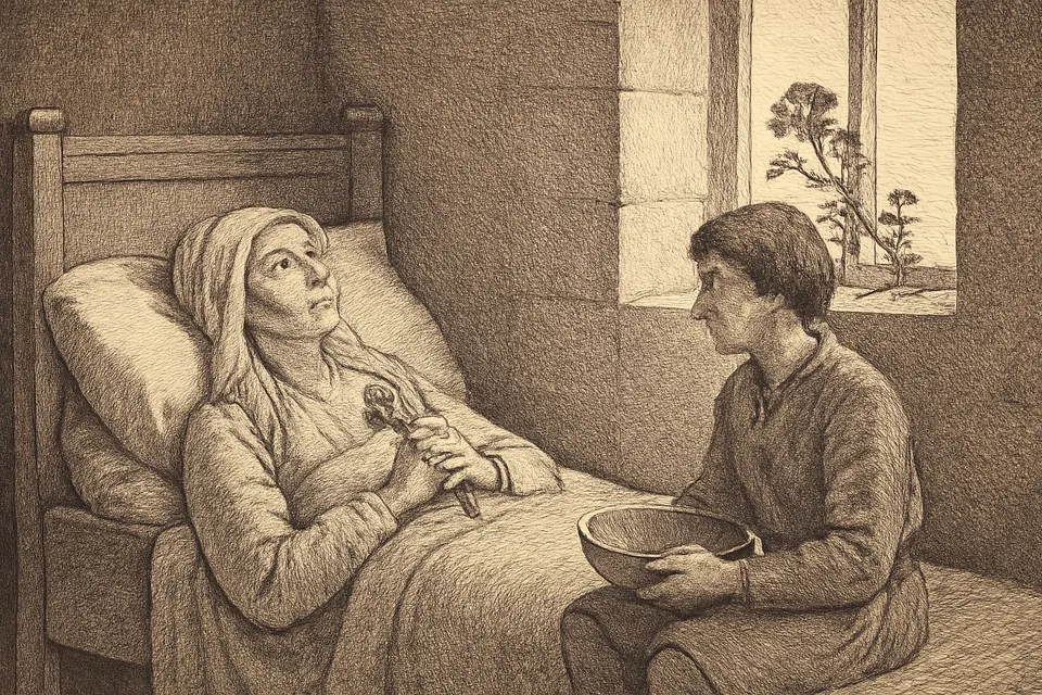 Engraving-style illustration of St. Lidwina at dawn on Easter week 1433, alone with a boy attendant, gazing toward a light at the window