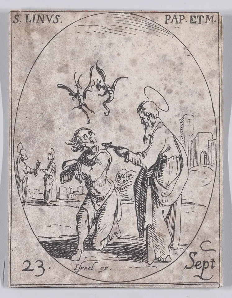 Small oval engraving of a bearded saint in a long robe stretching out his hand over a kneeling man as two small winged demons fly away above them, with the date 23 September in the corner