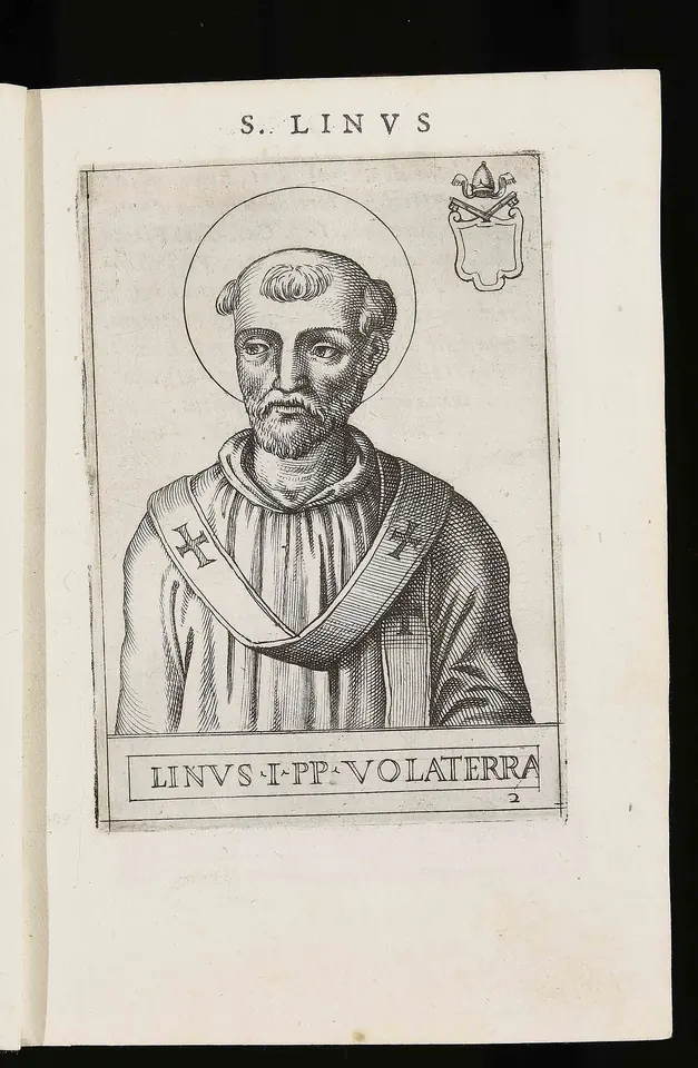 Renaissance engraved portrait of a bearded man with a halo wearing a pallium marked with crosses, framed with a coat of arms and the caption "Linus I PP Volaterra"