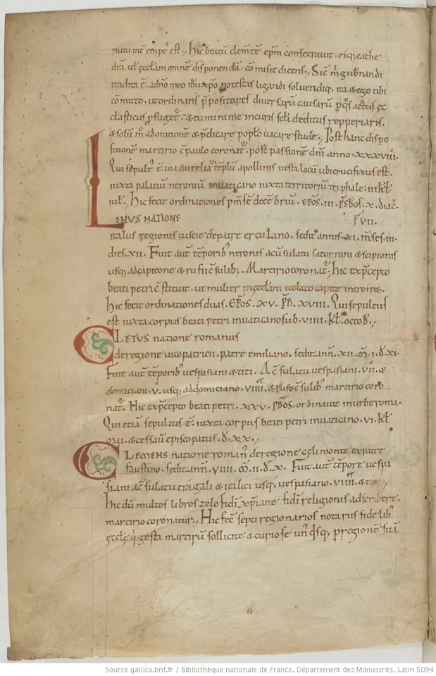 A page of an 11th-century Latin manuscript written in brown ink in two hands, with a large decorated red initial L beginning the entry for Linus