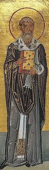 Byzantine manuscript miniature of a standing gray-bearded bishop in dark robes and a white omophorion, holding a jeweled Gospel book against a gold background