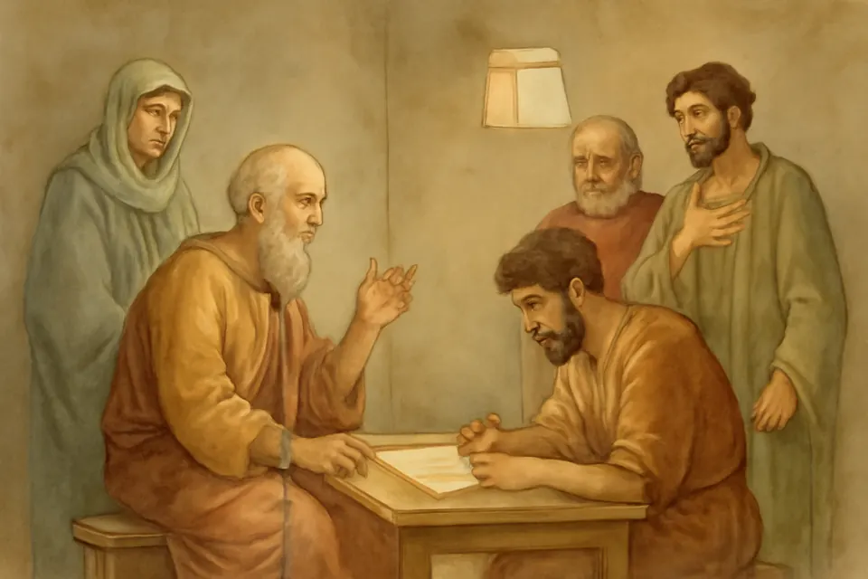 Watercolor-style scene of the aged St. Paul dictating a letter in a Roman house while a few Christians, among them a young man named Linus, listen