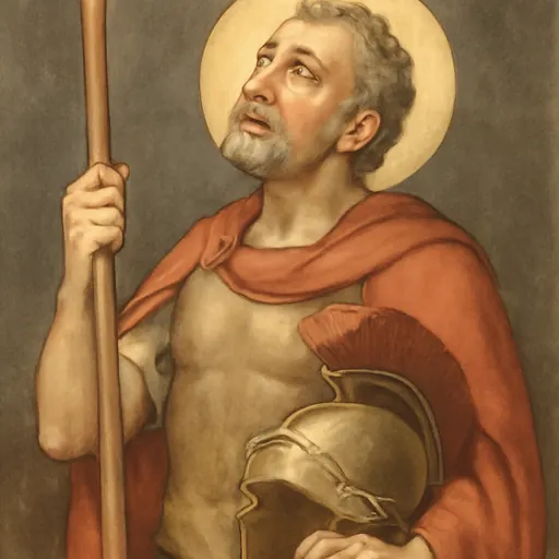 Oil-painting-style portrait of St. Longinus as a Roman centurion in bronze armor and a red cloak, holding a tall lance and looking upward