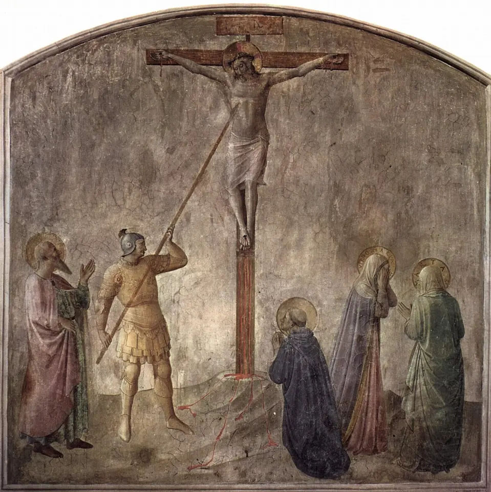 Fresco of a soldier in armor driving a long lance into the side of Christ on the cross, as mourners and saints stand and kneel below