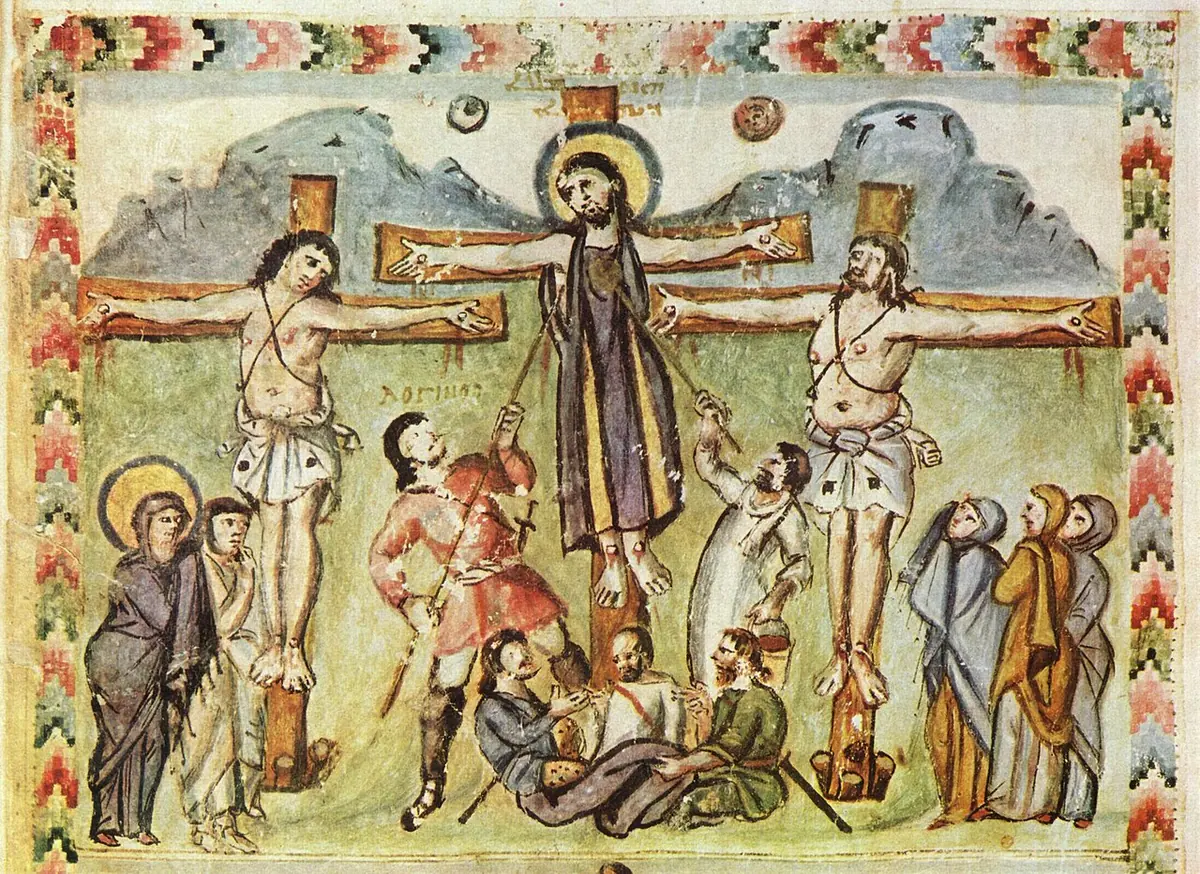 Syriac manuscript painting of Christ on the cross in a long purple robe between two thieves, with a soldier on the left thrusting a lance into his side and another raising a sponge on a reed