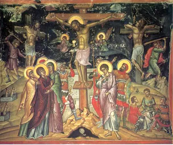 Post-Byzantine icon of the Crucifixion with mourning women on the left and, on the right, a haloed soldier in armor among the guards