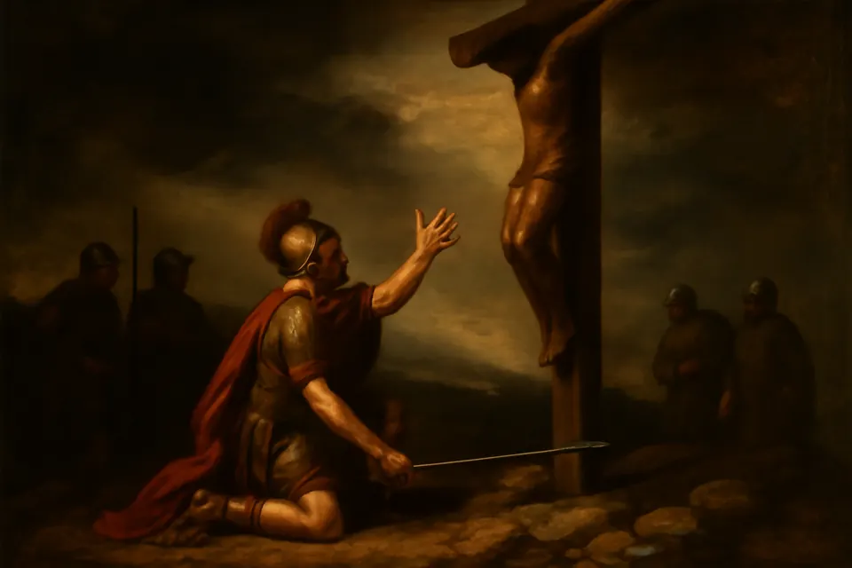 Illustration of a Roman centurion kneeling at the foot of the cross on Golgotha with his lance lowered, looking up in awe