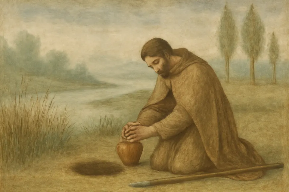 Illustration of Longinus burying a small vessel in the ground near a marshy river in northern Italy