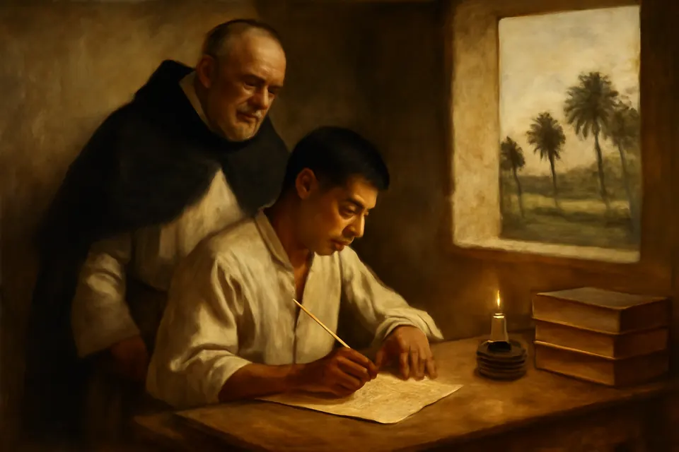 Illustration of Lorenzo Ruiz as a young calligrapher copying a document by candlelight in a Dominican church office in Manila