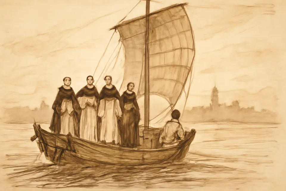 Ink-style illustration of a small sailing ship leaving Manila Bay in 1636 with Dominican friars and a Filipino layman on deck