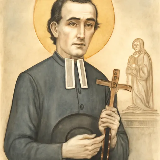 Oil-painting-style portrait of St. Louis de Montfort as a gaunt French priest in a black cassock, holding a crucifix and a rosary